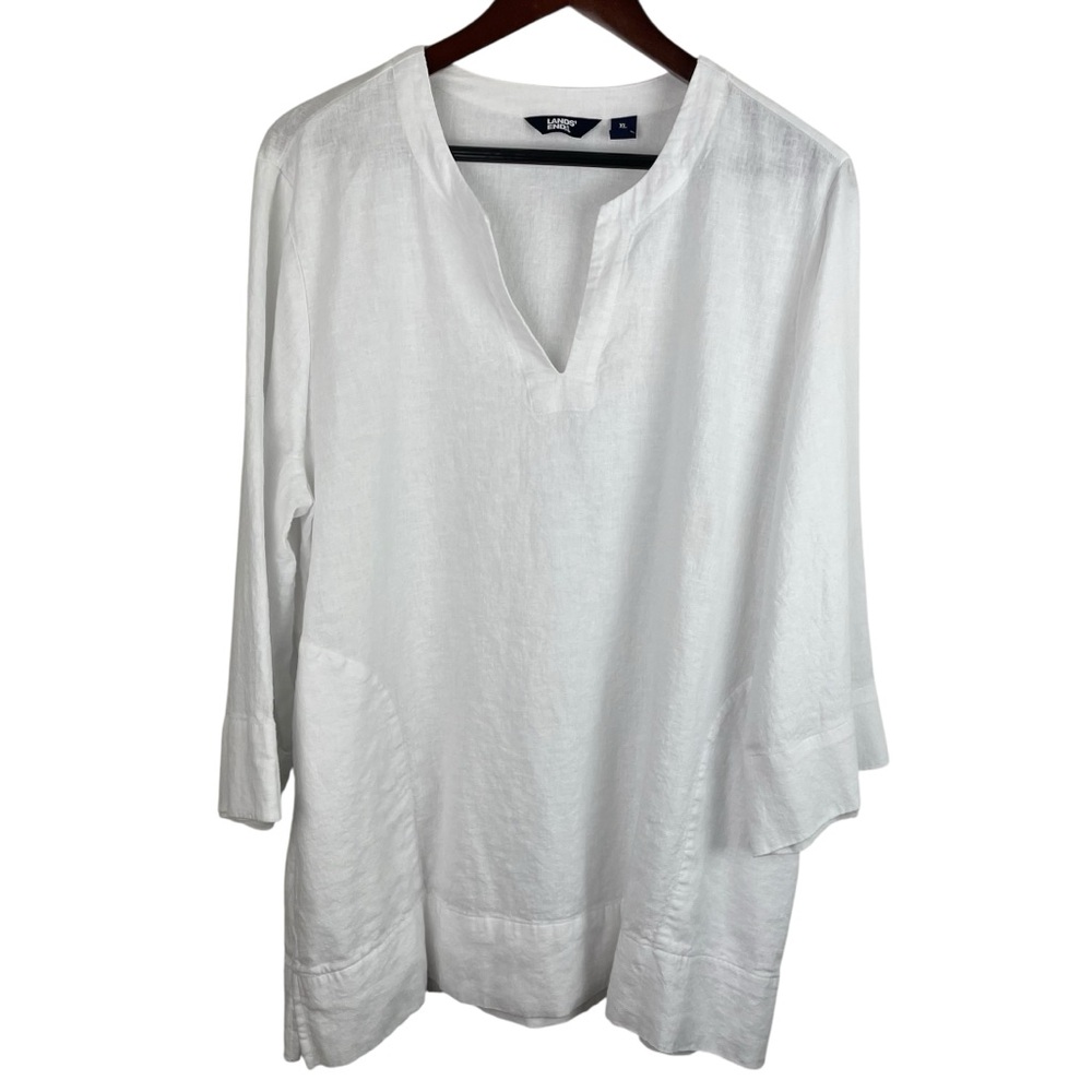 Lands End | White Linen Blend Split Neck Tunic Top